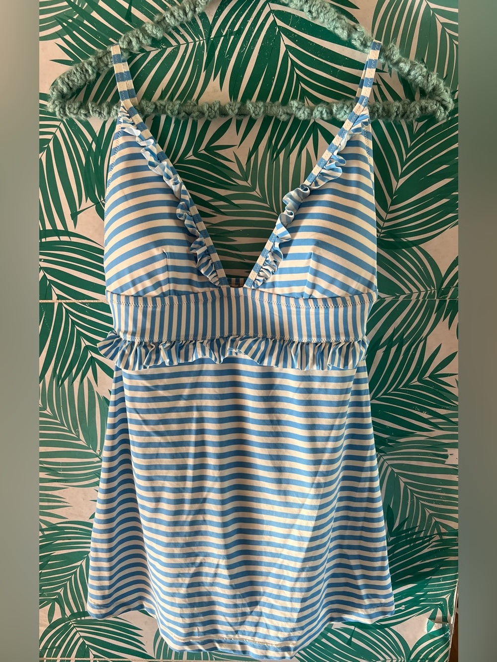 J.Crew Blue & White Striped Swim dress with Ruffle Trim Sz 8 SPF 20